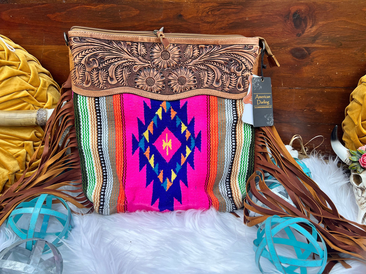 American Darling Western Large Pink Multi Saddle Blanket Bag American Darling Bag Pink Multi