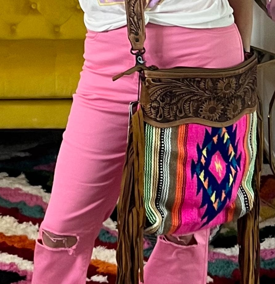 American Darling Pink Multi Color Aztec Saddle Blanket Floral Tooled F