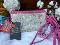 Thumbnail for American Darling Western Hair On Cowhide Crossbody Bag with Fringe ~ Pink American Darling Crossbody Multi Pink