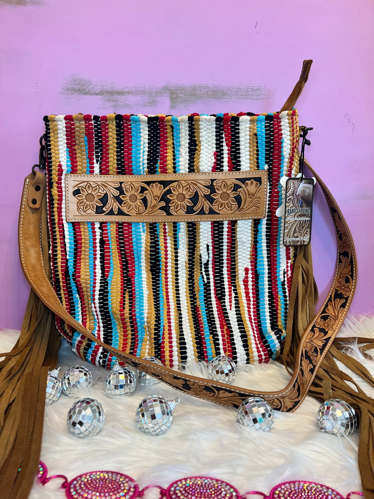 American Darling Hand Tooled Bag  ~ Turquoise and Red striped American Darling Crossbody Turquoise and Red