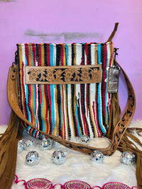 Thumbnail for American Darling Hand Tooled Bag  ~ Turquoise and Red striped American Darling Crossbody Turquoise and Red