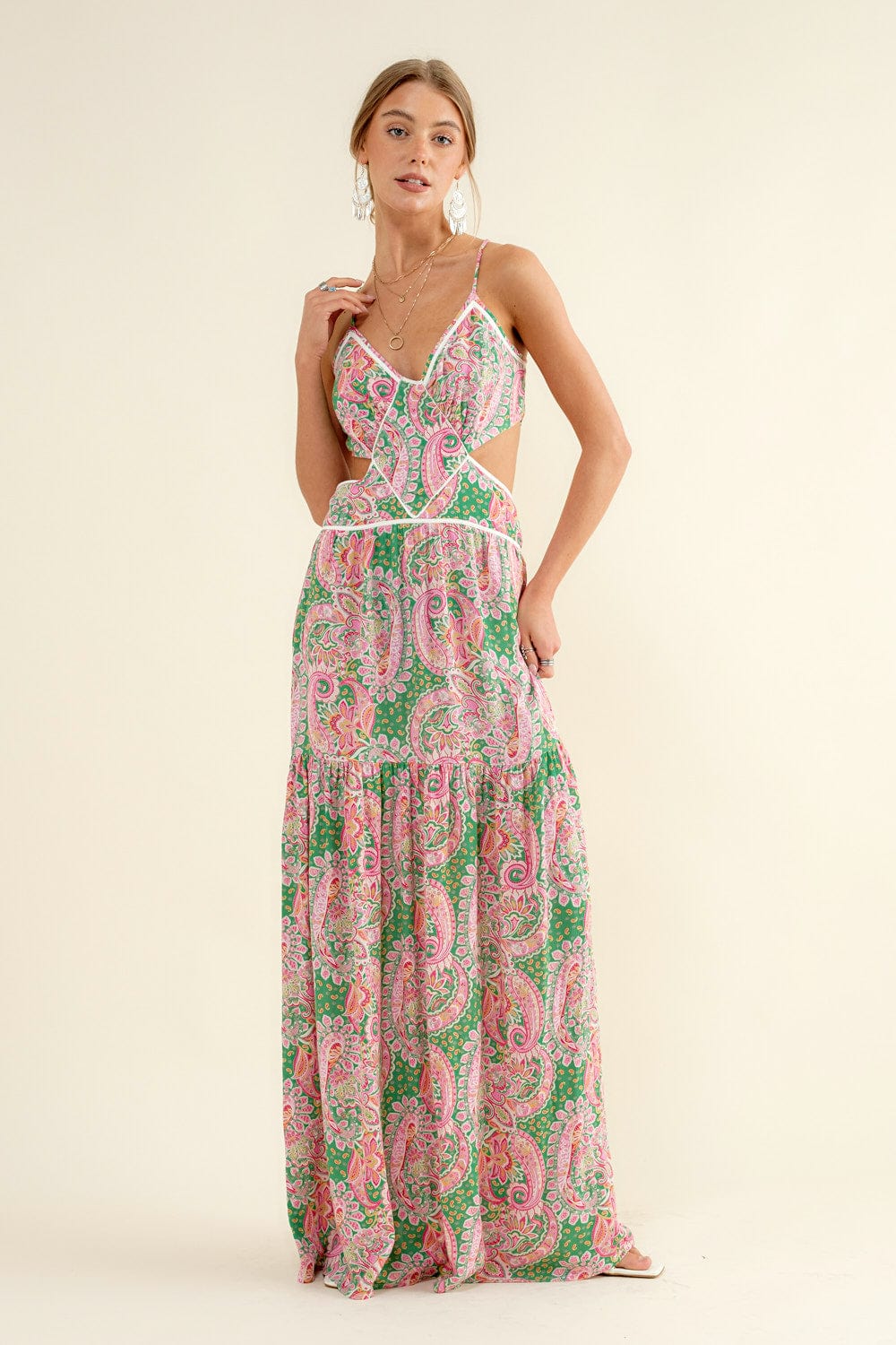 Tea Party Paisley Cut Out Tie Back Maxi Dress ~ Green and Pink Blue B Dress