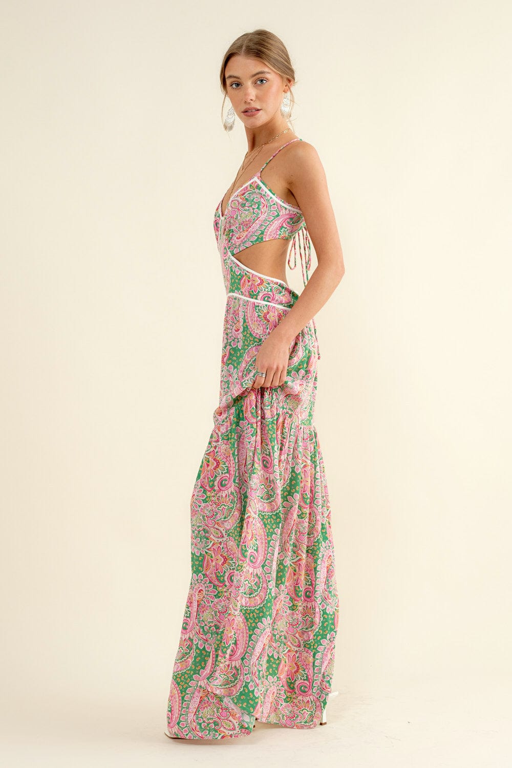 Tea Party Paisley Cut Out Tie Back Maxi Dress ~ Green and Pink Blue B Dress