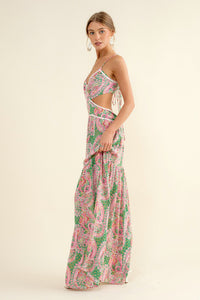 Thumbnail for Tea Party Paisley Cut Out Tie Back Maxi Dress ~ Green and Pink Blue B Dress