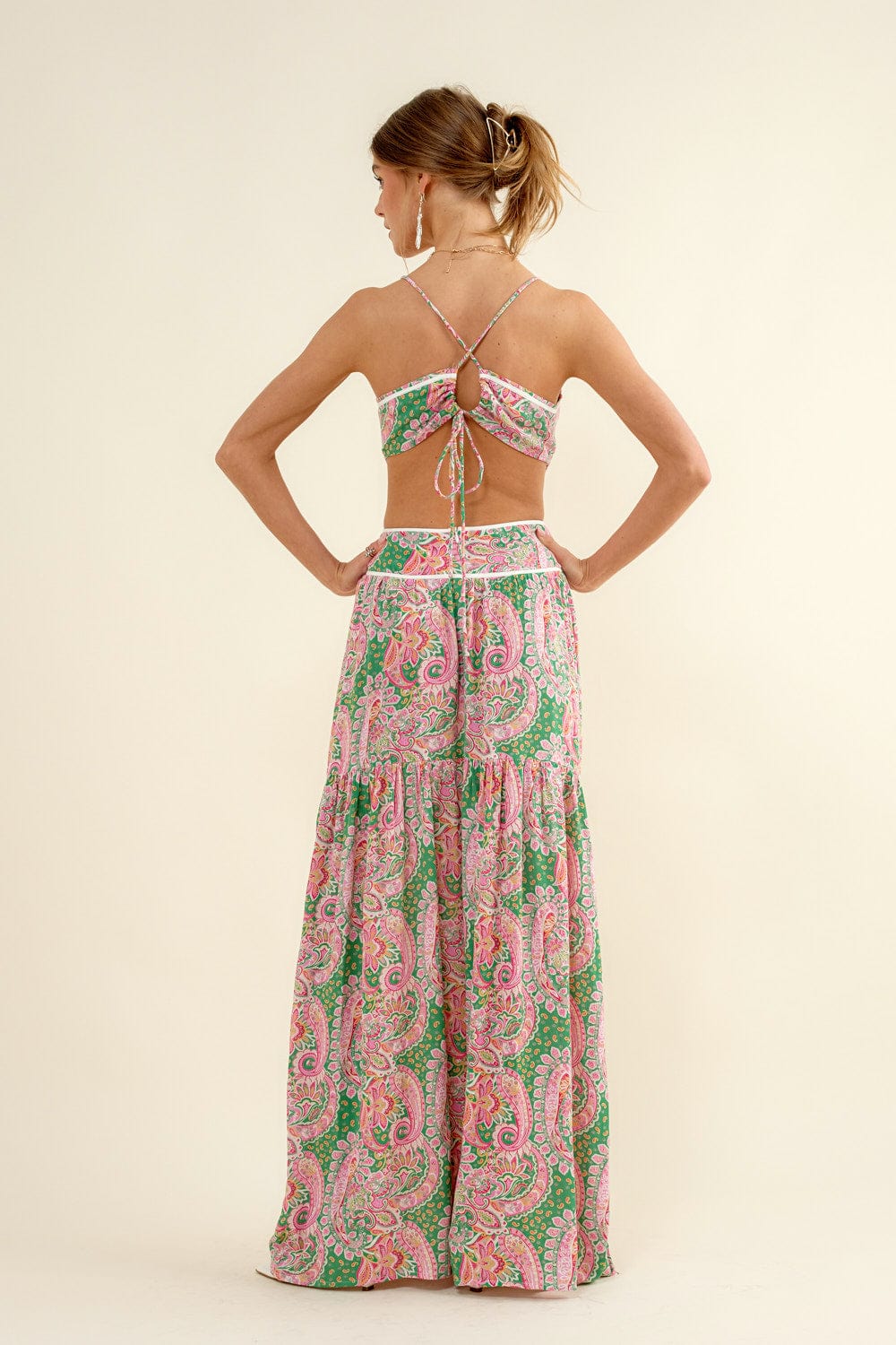 Tea Party Paisley Cut Out Tie Back Maxi Dress ~ Green and Pink Blue B Dress