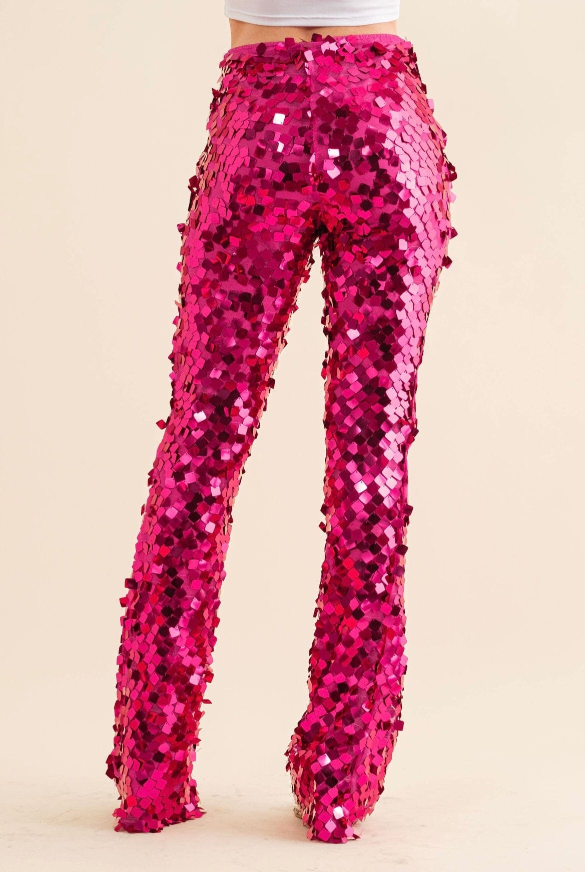 She Bangs She Bangs Square Disc Sequin Mid Rise Pants in Hot Pink Blue B Pants