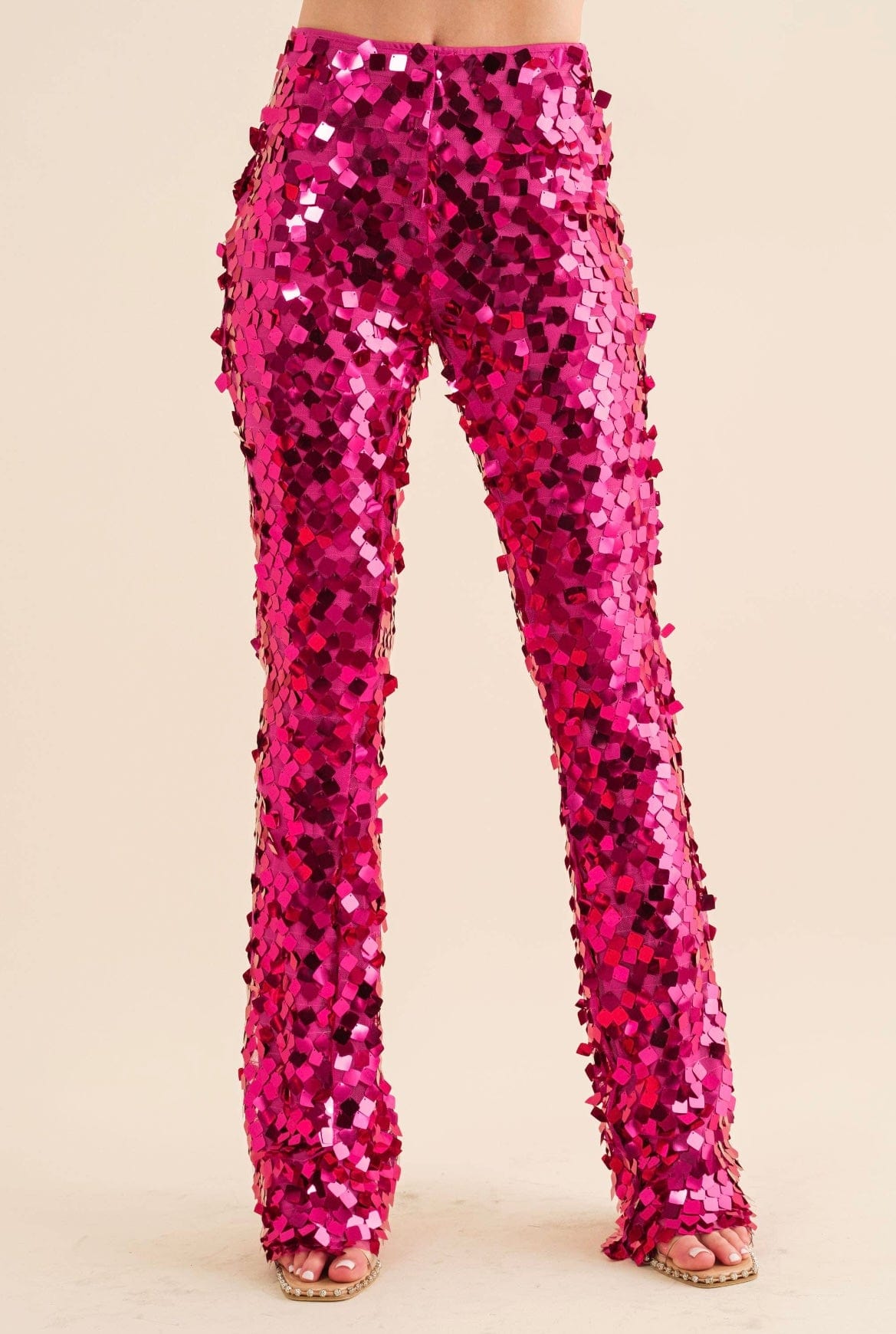 She Bangs She Bangs Square Disc Sequin Mid Rise Pants in Hot Pink Blue B Pants