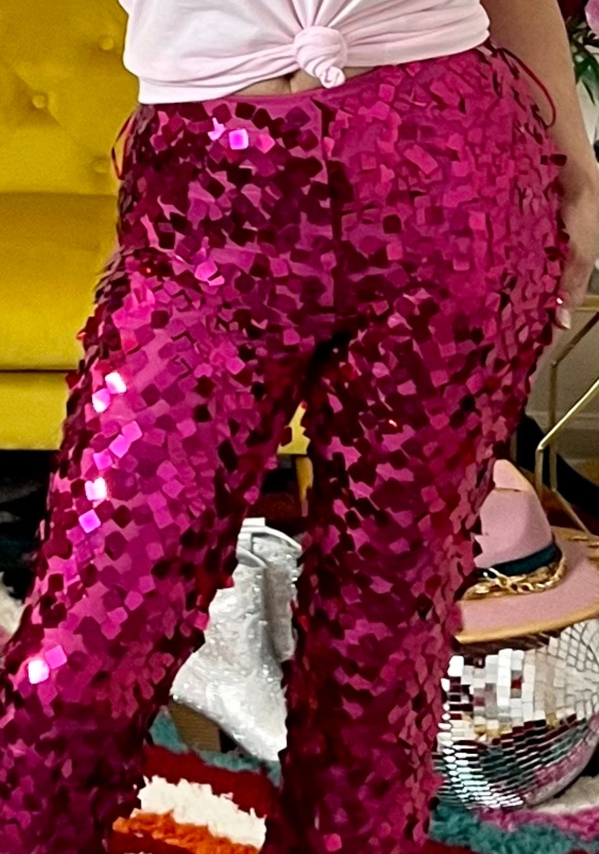 She Bangs She Bangs Square Disc Sequin Mid Rise Pants in Hot Pink Blue B Pants