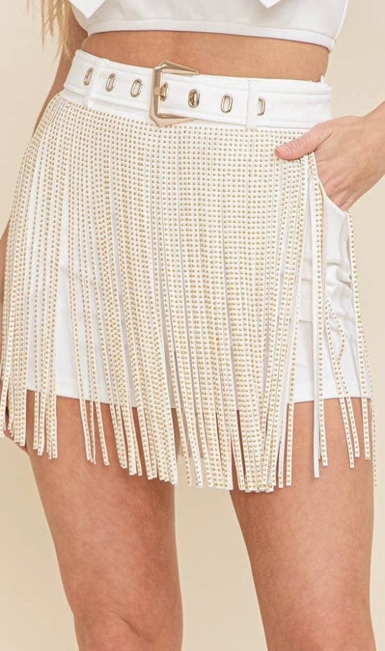 Graceland Long Crystal Rhinestone Fringe Shorts in White Cloud Ten Shorts