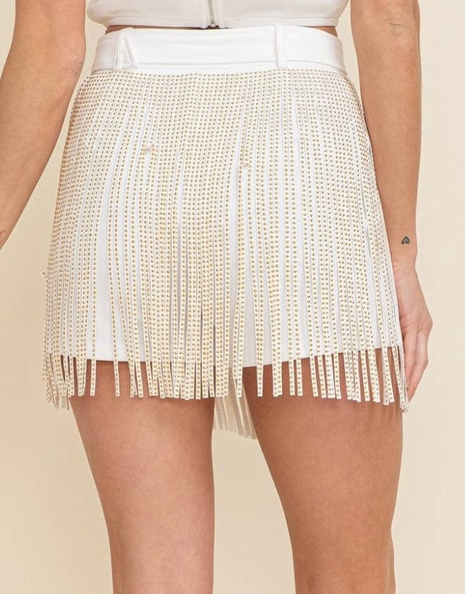 Graceland Long Crystal Rhinestone Fringe Shorts in White Cloud Ten Shorts