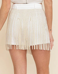 Thumbnail for Graceland Long Crystal Rhinestone Fringe Shorts in White Cloud Ten Shorts