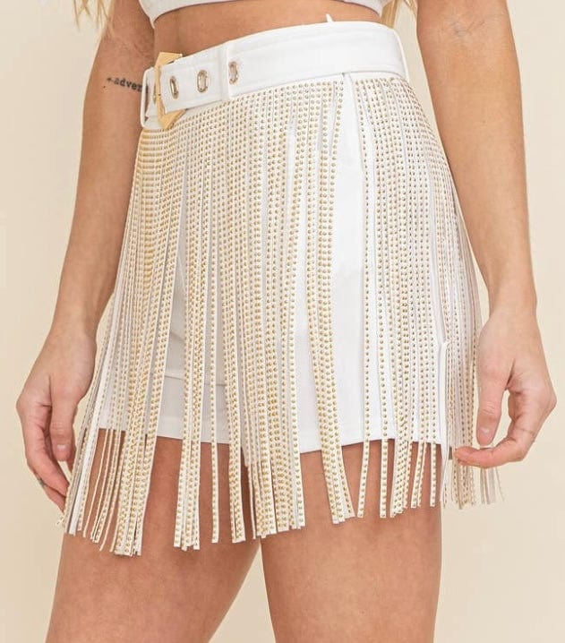 Graceland Long Crystal Rhinestone Fringe Shorts in White Cloud Ten Shorts