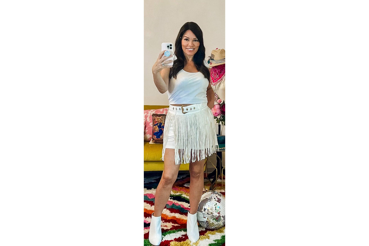 Graceland Long Crystal Rhinestone Fringe Shorts in White Cloud Ten Shorts