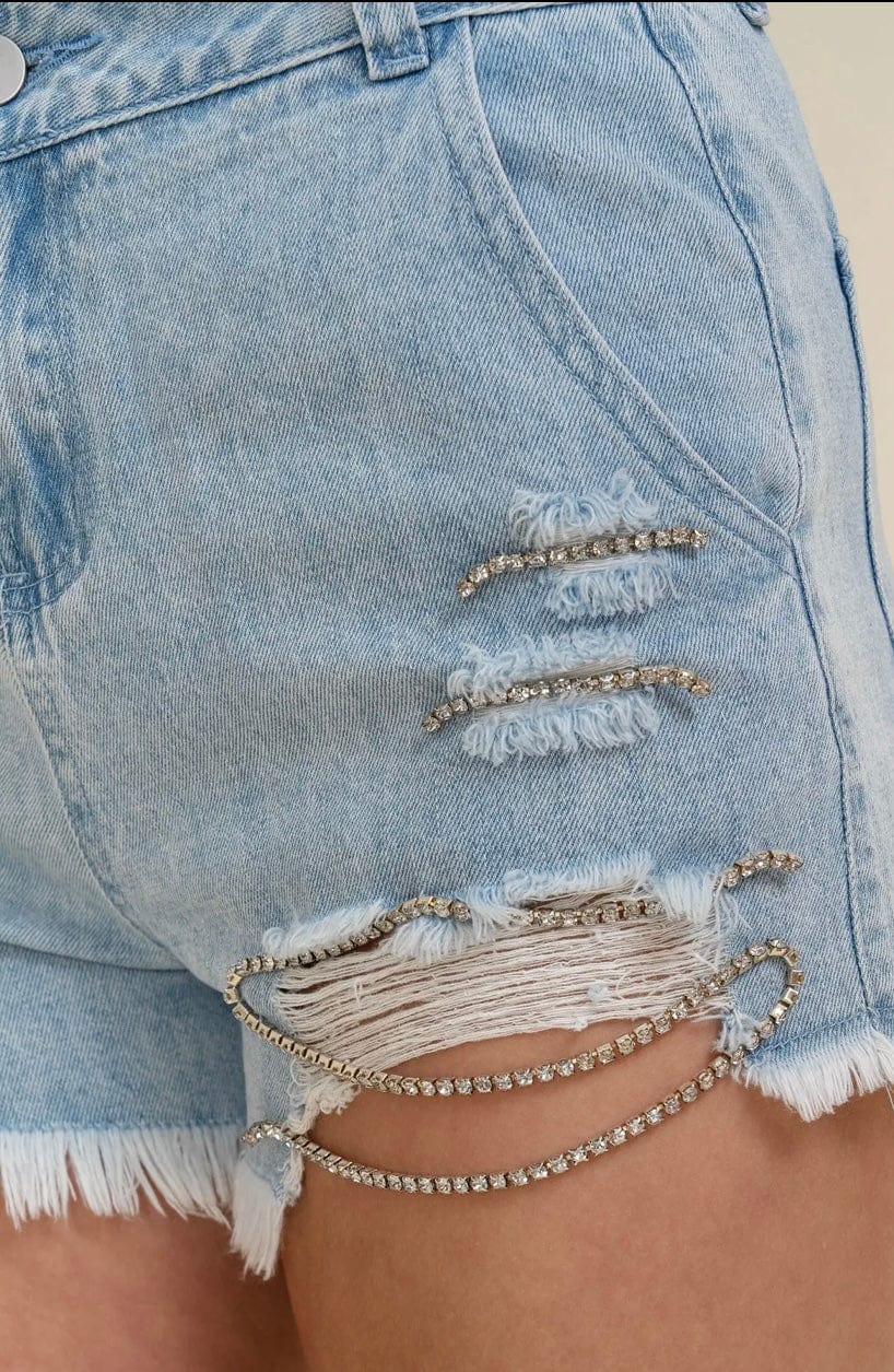 Rendezvous Rhinestone Denim Shorts with Frayed Hem Cloud Ten Shorts