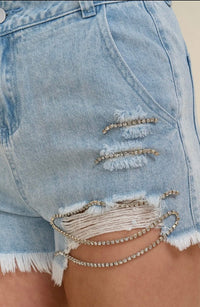 Thumbnail for Rendezvous Rhinestone Denim Shorts with Frayed Hem Cloud Ten Shorts