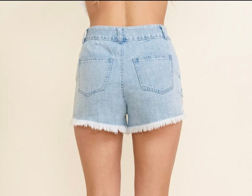 Rendezvous Rhinestone Denim Shorts with Frayed Hem Cloud Ten Shorts