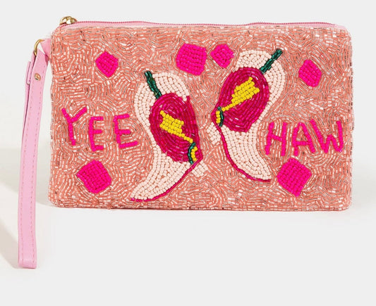 Beaded Yee Haw Coin Bag Pink and Coral Collections by Fame Accessories Pink and Coral