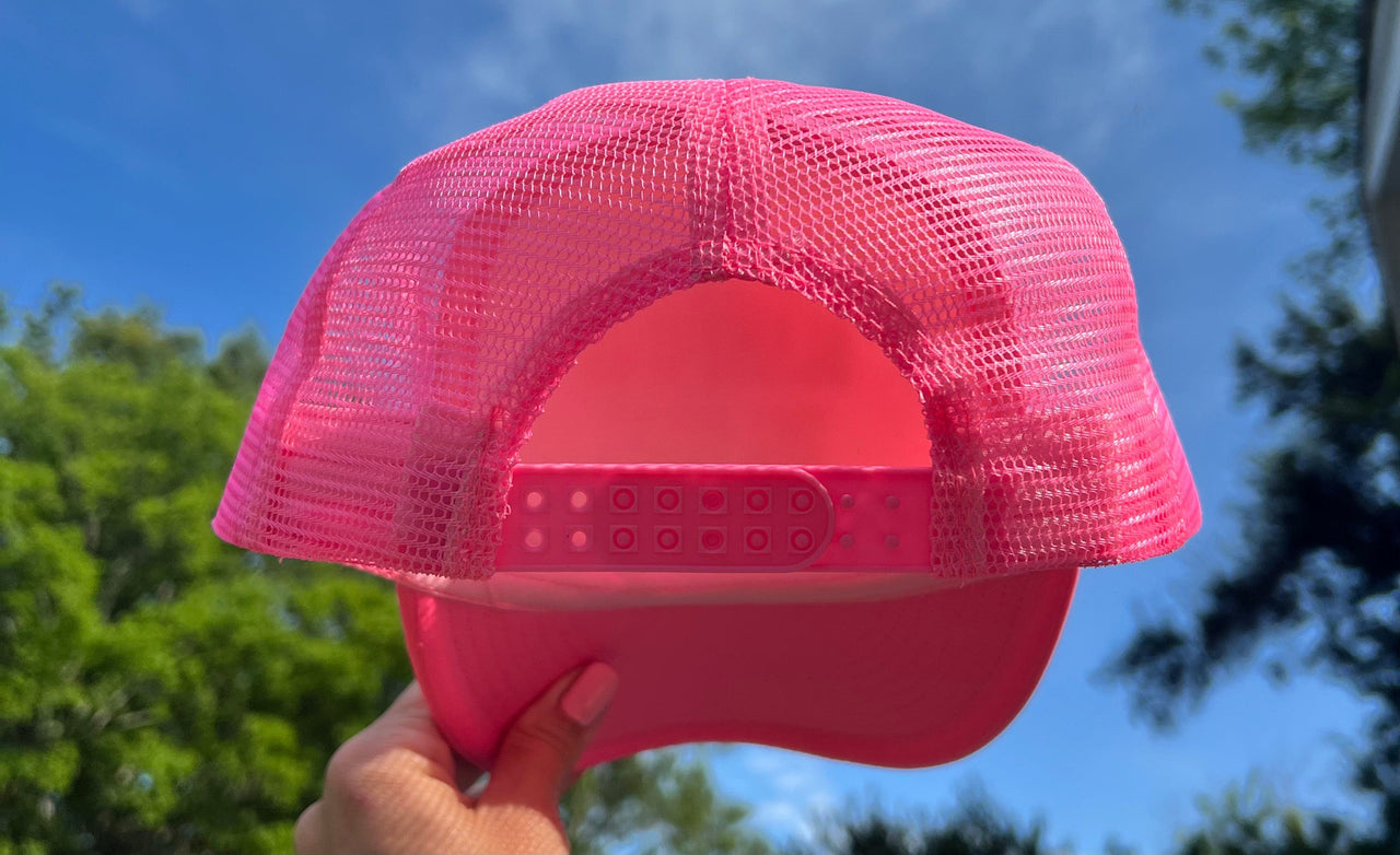 Blame It On The Veuve Highlighter Pink Trucker Hat Collections by Fame Hat Highlighter Pink