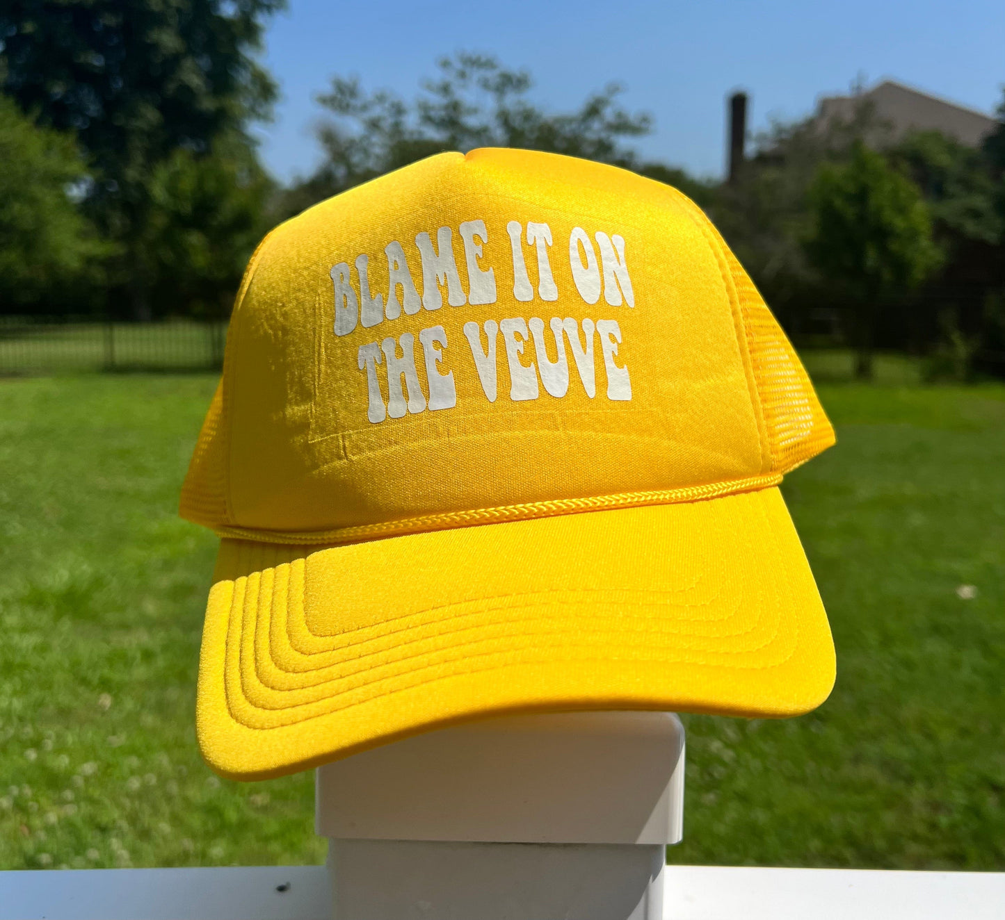 Blame It On The Veuve Highlighter Yellow Trucker Hat Collections by Fame Hat Highlighter Yellow