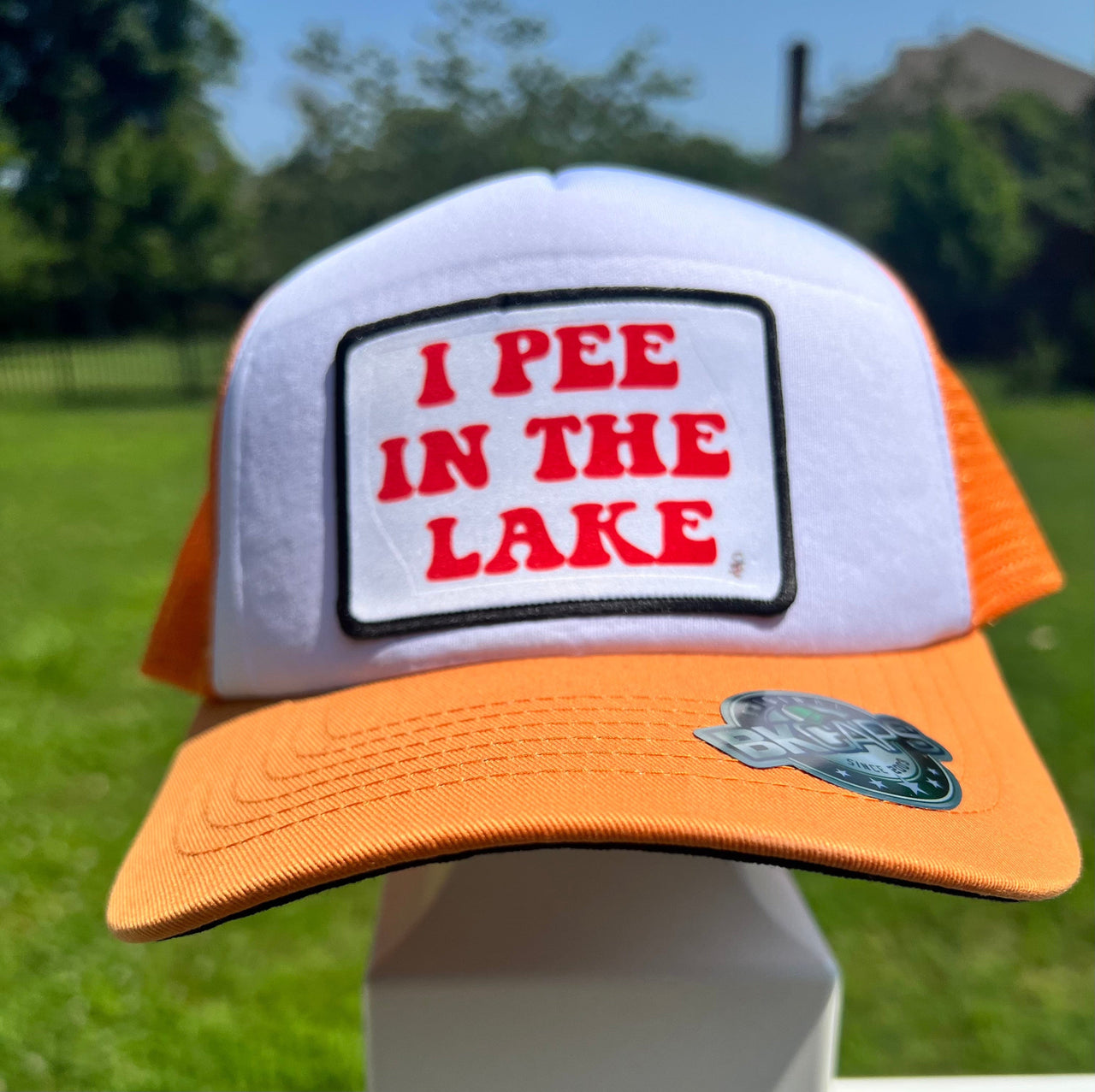 Bright Orange Trucker Hat ~ I Pee In The Lake Crooked Halo Hat Bright Orange