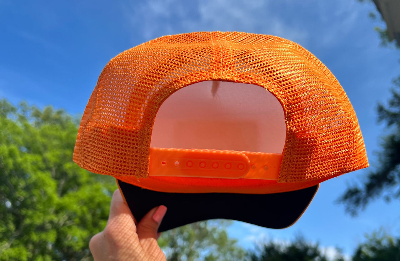 Bright Orange Trucker Hat ~ I Pee In The Lake Crooked Halo Hat Bright Orange