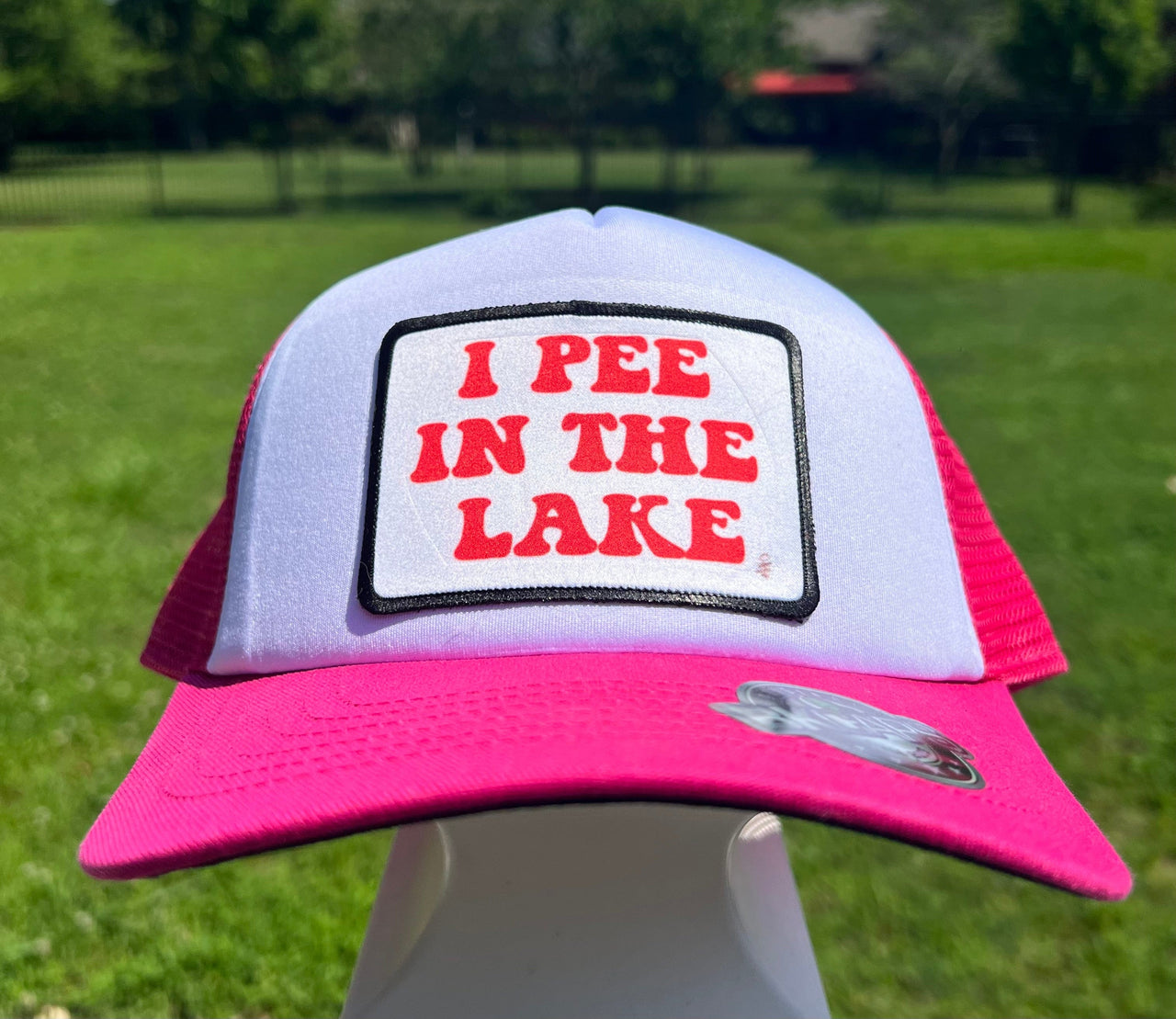 Hot Pink Trucker Hat - I Pee In The Lake Crooked Halo Hat Hot Pink