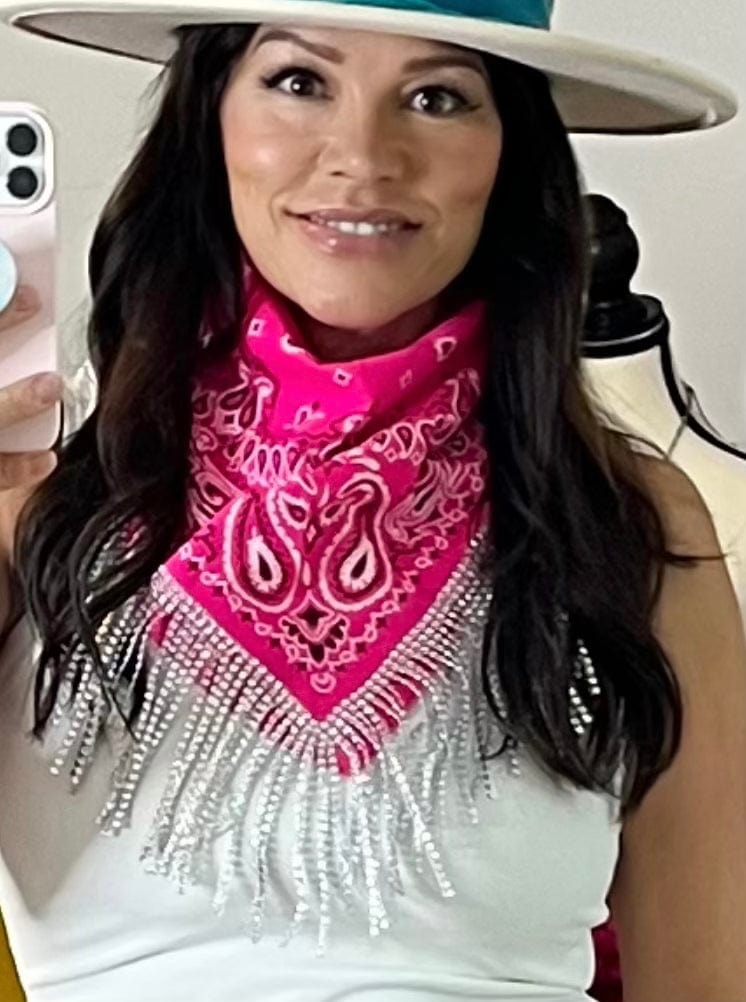 Ready For The Night Rhinestone Fringe Bandana ~ Hot Pink with Silver Fringe Delta Damsel Bandana Hot Pink with Silver Fringe