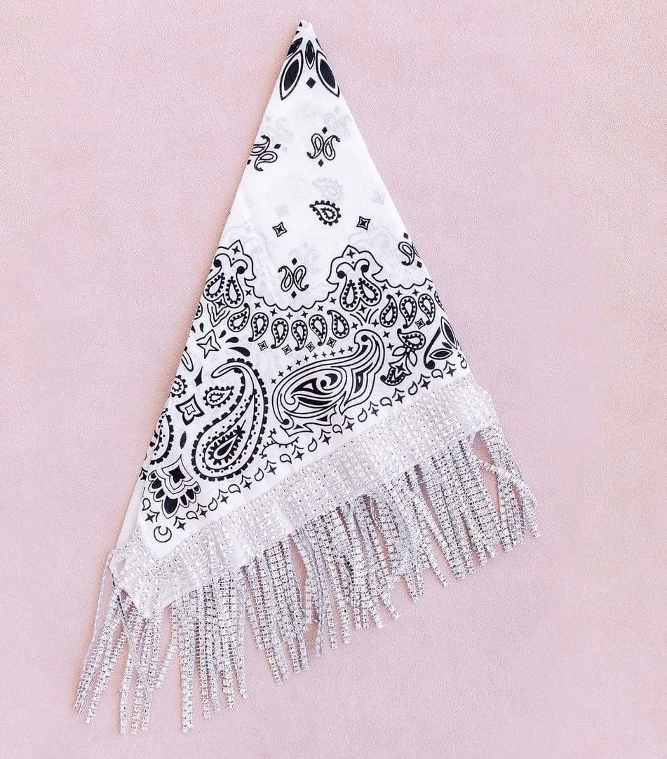 Ready For The Night Rhinestone Fringe Bandana ~ White with Silver Fringe Delta Damsel Bandana White with Silver Fringe