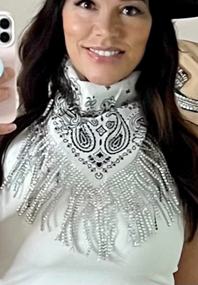 Ready For The Night Rhinestone Fringe Bandana ~ White with Silver Fringe Delta Damsel Bandana White with Silver Fringe