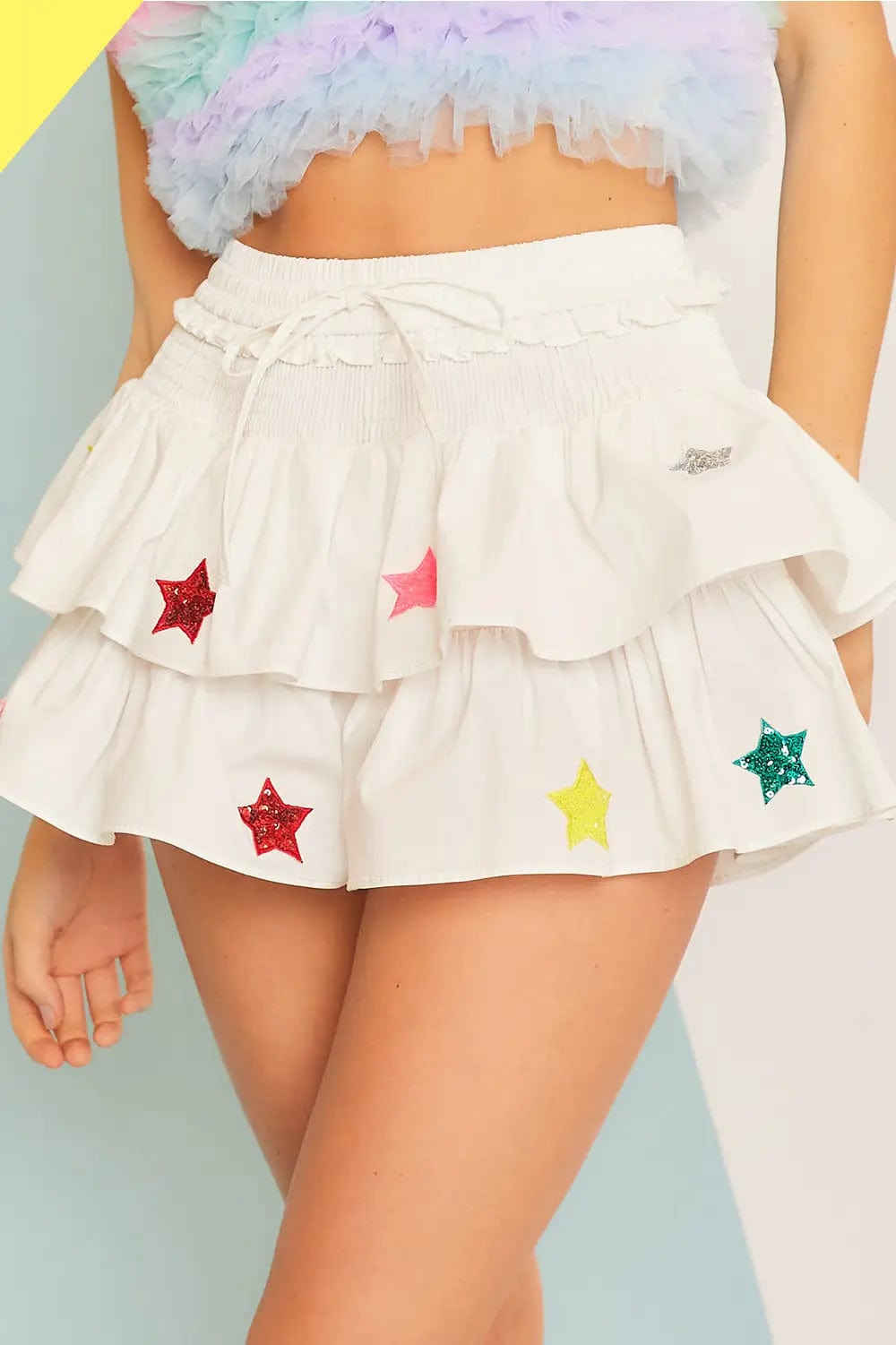 Starry Day Star Patch Ruffled Skorts - White Main Strip Skort