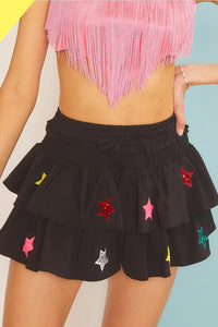 Thumbnail for Starry Night Star Patch Ruffled Skorts- Black Main Strip Skort