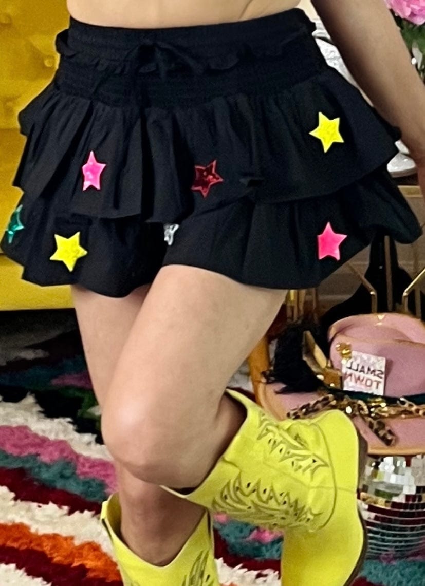 Starry Night Star Patch Ruffled Skorts- Black Main Strip Skort