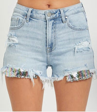 Thumbnail for Peek-A Boo Glitter Pocket Denim High Rise Risen Shorts Risen Shorts