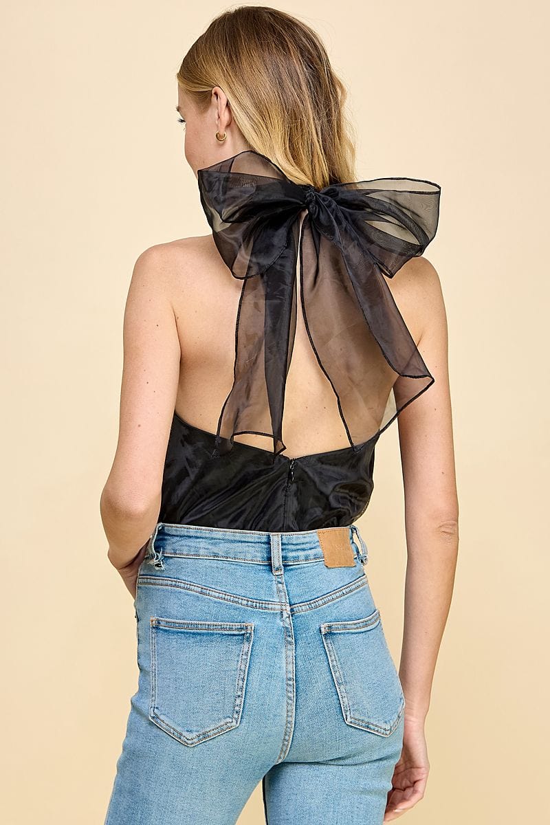 Perfect Pleated Mock Neck Organza Bodysuit with Rear Bow Detail ~ Black T.C.E.C. Top