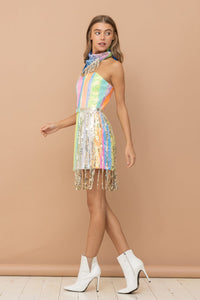 Thumbnail for Show Stopper Rainbow Sequin Mini Dress with Rhinestones ~ Pink, Orange, Turquoise, and Lime The Halo Bunny Dress